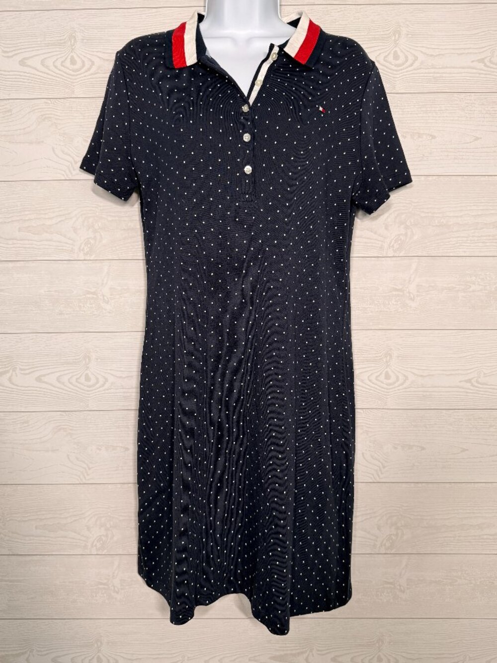 Tommy Hilfiger Navy Polka Dot Polo Dress Size M Red White Collar Midi